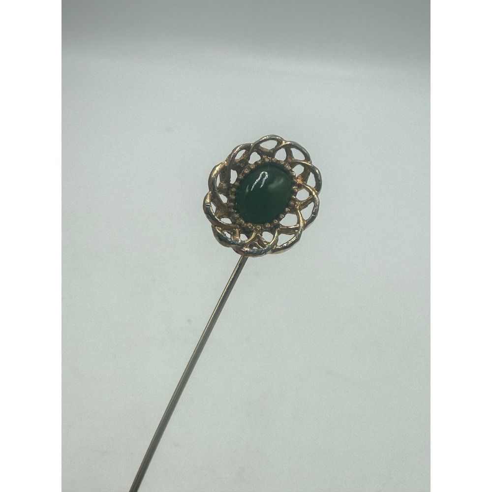 Vintage Gold Tone Filigree Stick Pin Green Cabochon Stone Lapel Pin 2.5 Inch